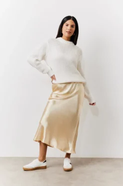 Gold Satin Midi Skirt