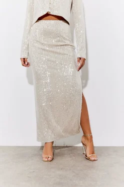 Gold Sequin Slit Detail Midi Skirt