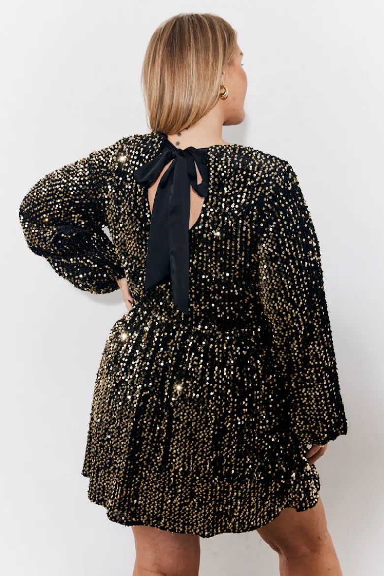 Gold Velvet Sequin Bow Back Smock Dress