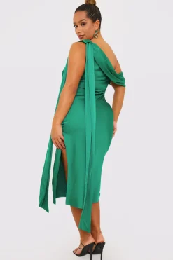 Green Satin Asymmetric Neckline Midi Dress