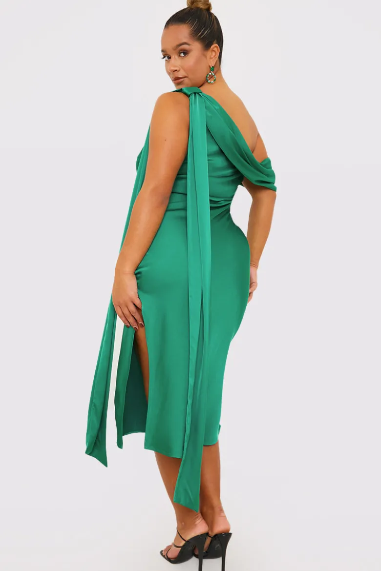 Green Satin Asymmetric Neckline Midi Dress