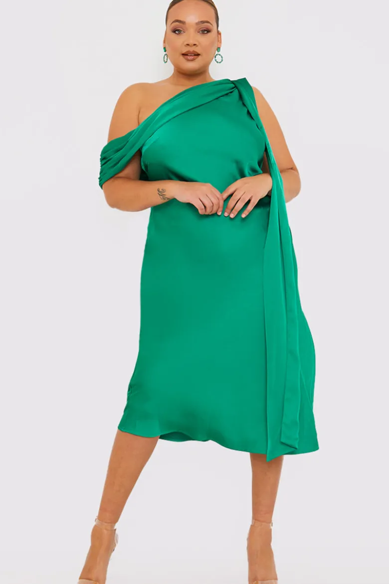 Green Satin Asymmetric Neckline Midi Dress