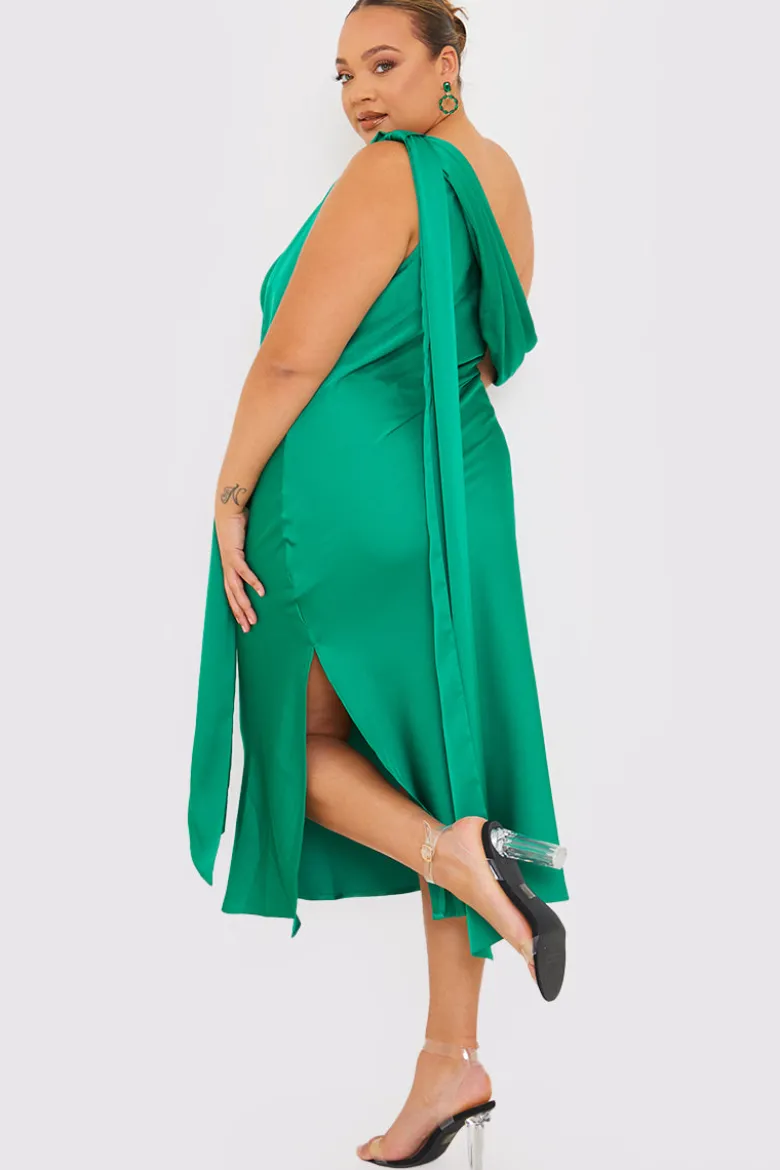 Green Satin Asymmetric Neckline Midi Dress