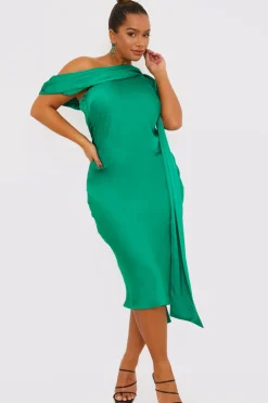 Green Satin Asymmetric Neckline Midi Dress