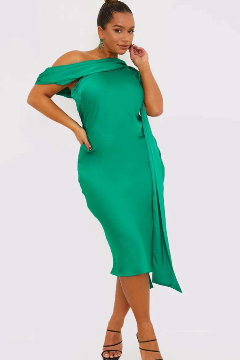 Green Satin Asymmetric Neckline Midi Dress