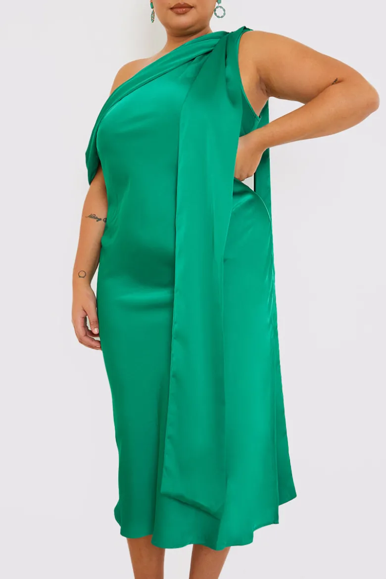 Green Satin Asymmetric Neckline Midi Dress