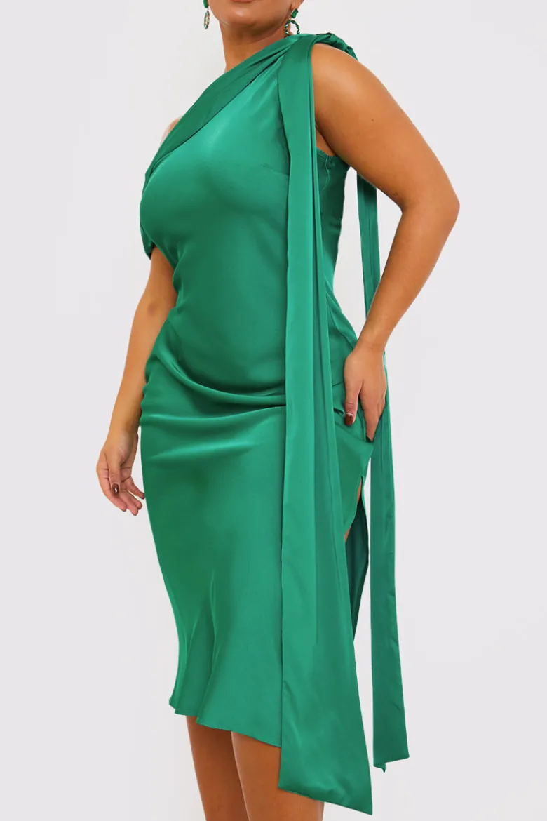 Green Satin Asymmetric Neckline Midi Dress