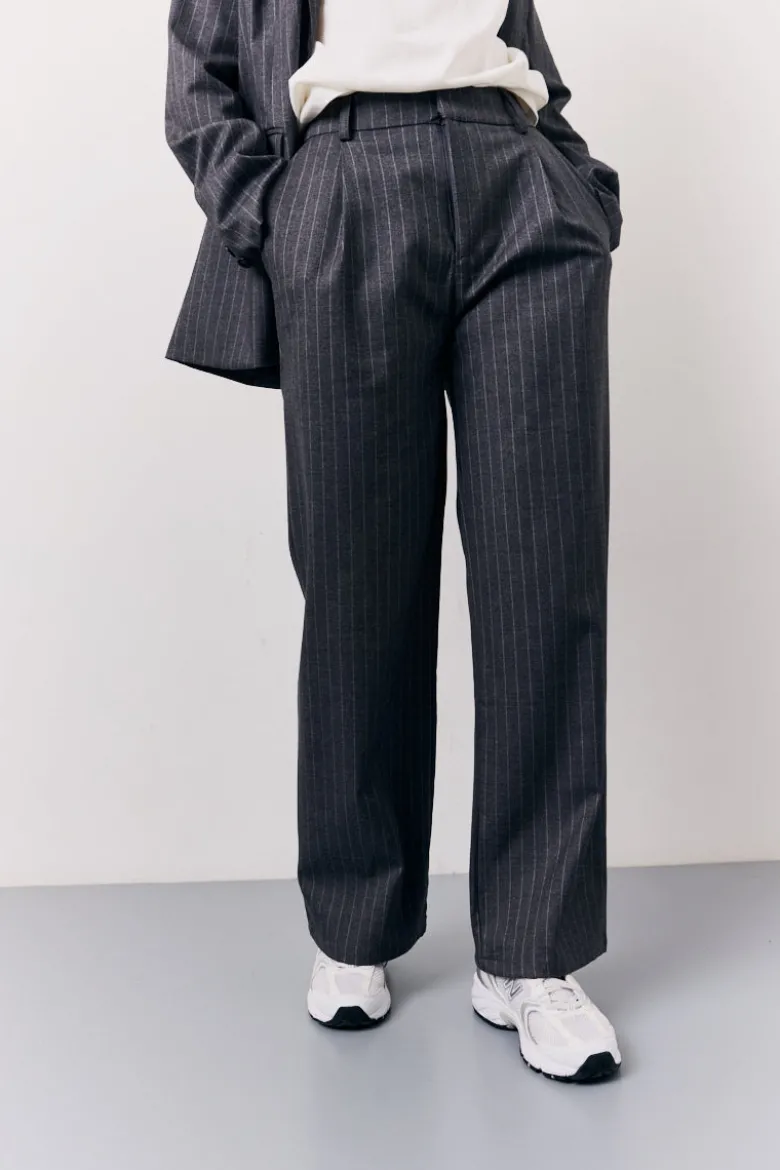 Grey Pinstripe Wide Leg Tailored Trouser