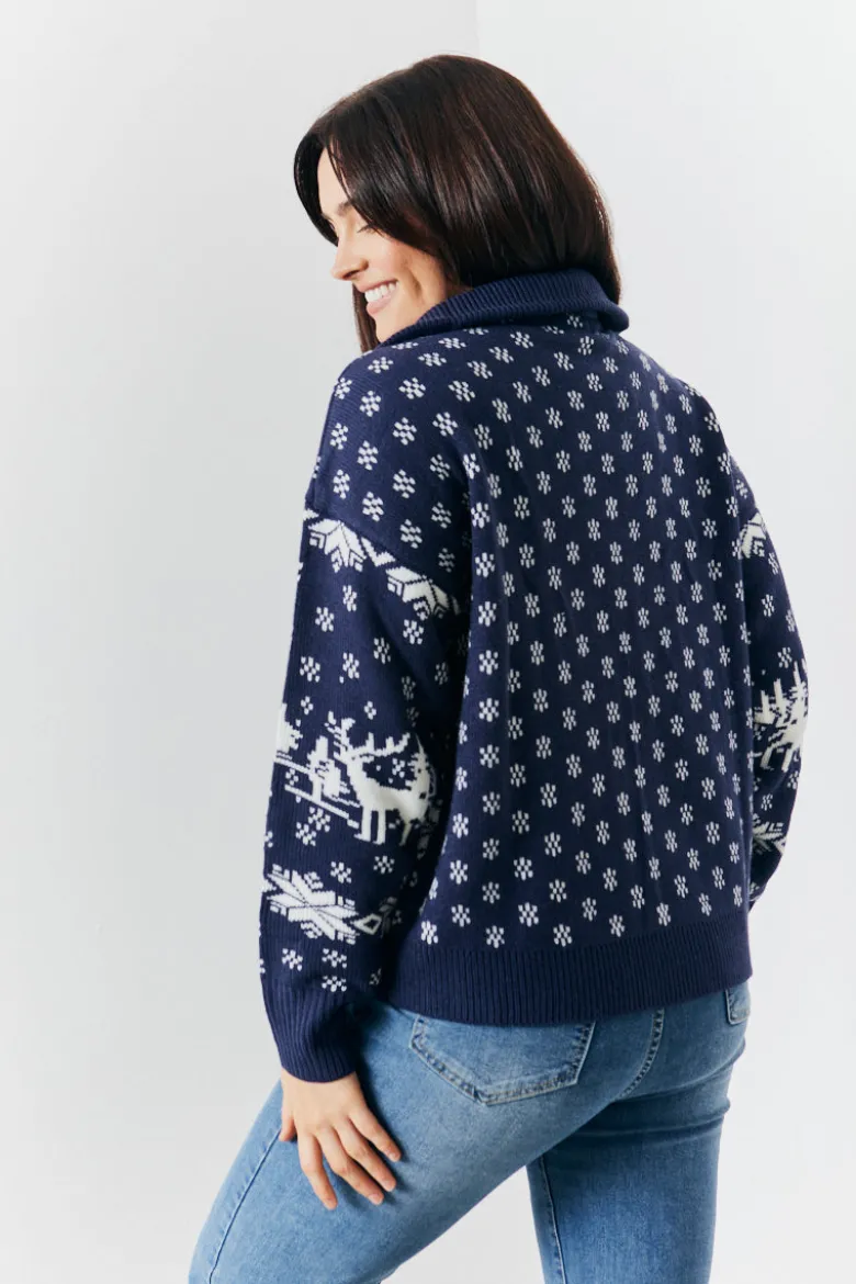 Half Zip Reindeer Fairisle Knitted Jumper