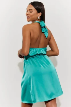 Halterneck Satin Mini Dress with Gold Belted Trim