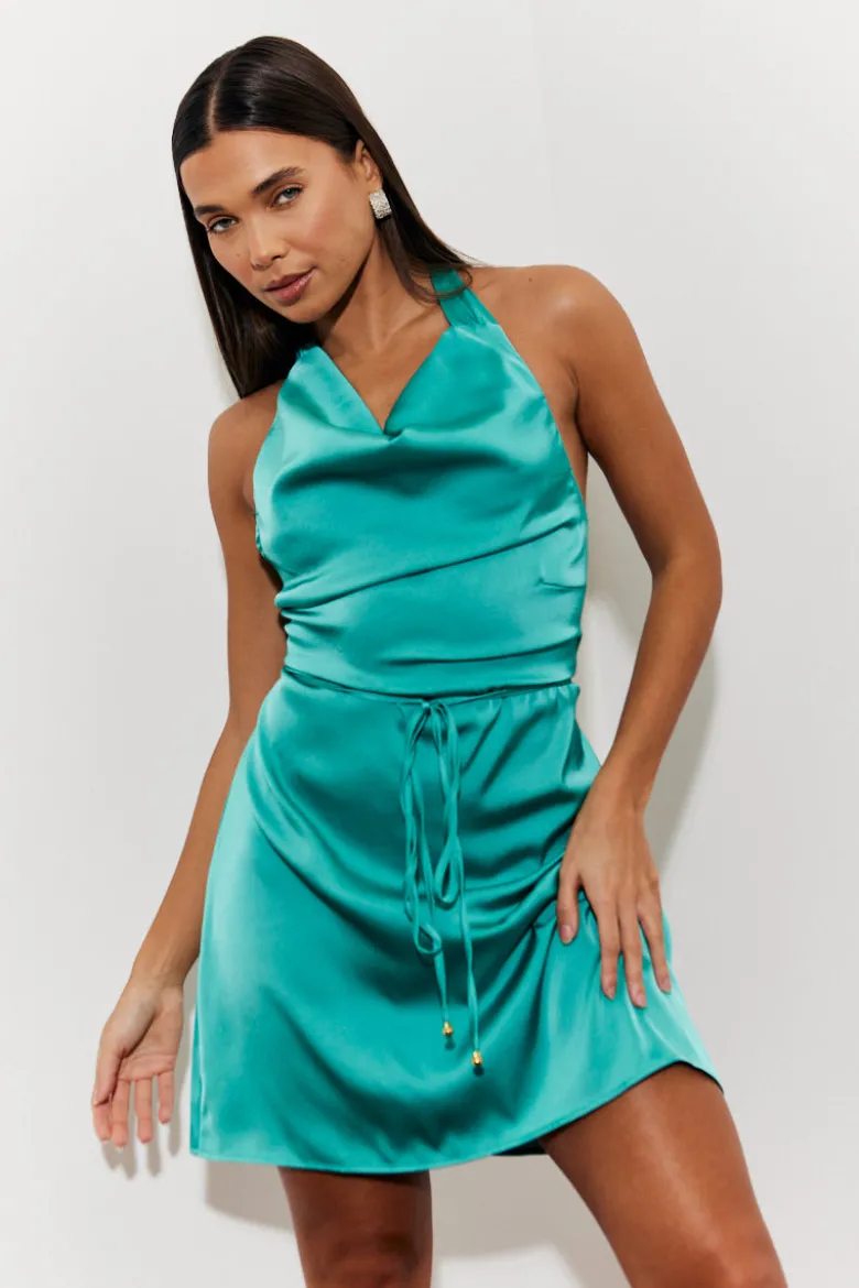 Halterneck Satin Mini Dress with Gold Belted Trim