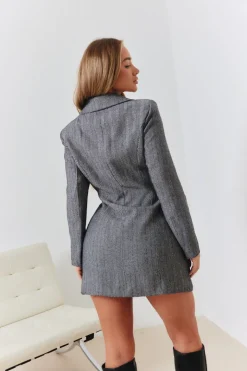 Herringbone Tweed Cinched Waist Double Breasted Blazer Dress