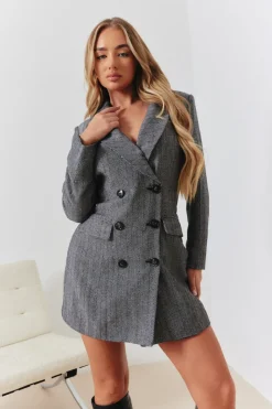 Herringbone Tweed Cinched Waist Double Breasted Blazer Dress