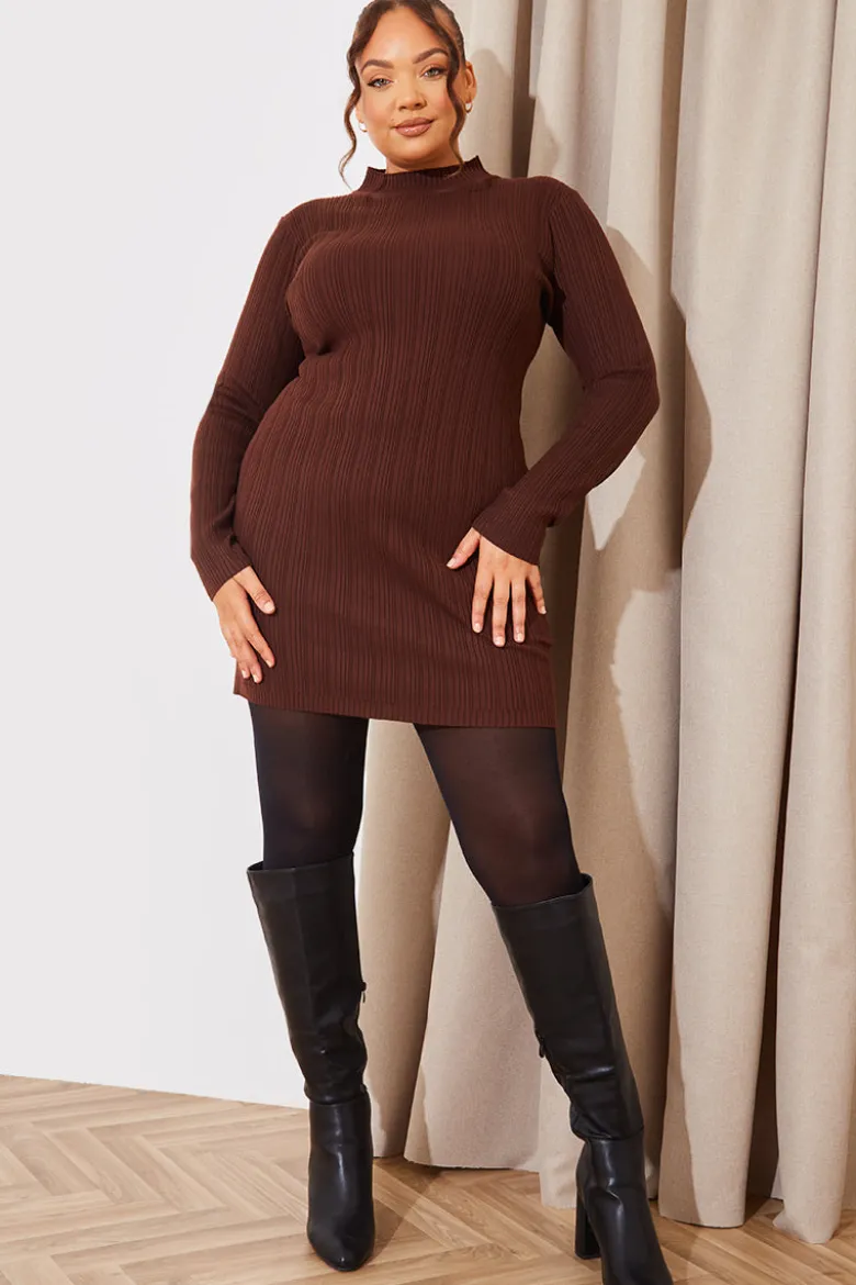 High Neck Variegated Rib Knit Mini Dress