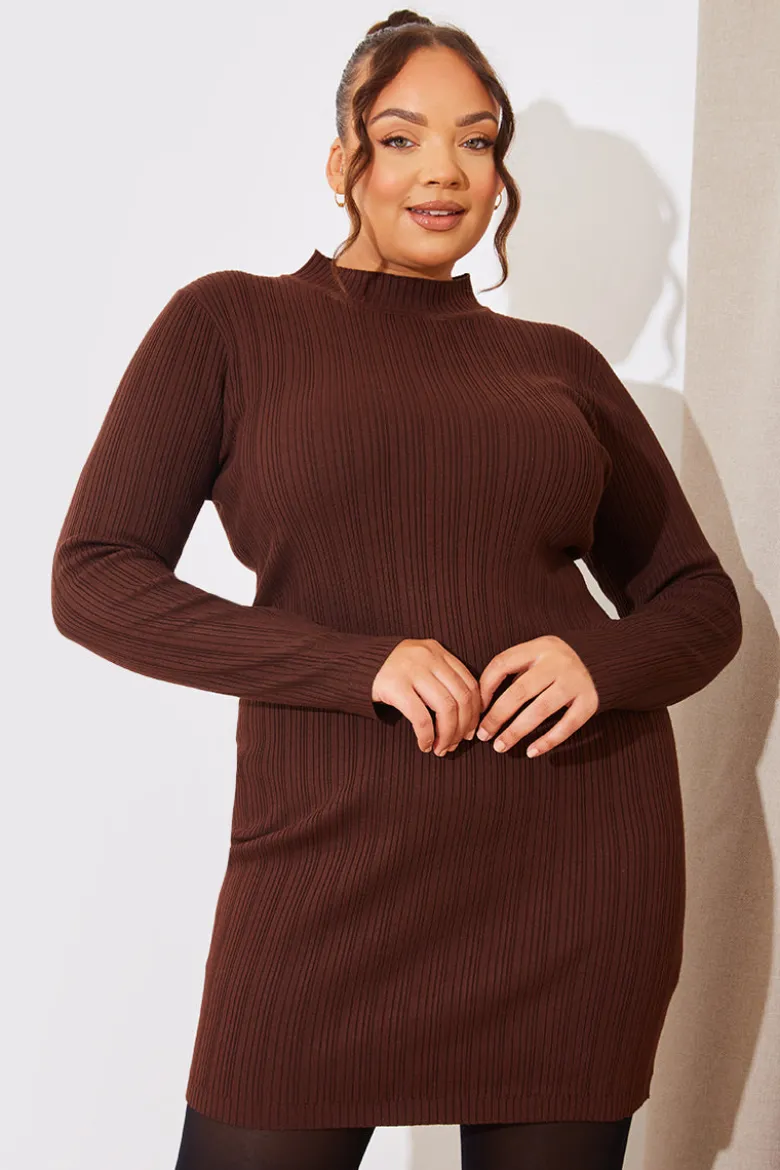 High Neck Variegated Rib Knit Mini Dress