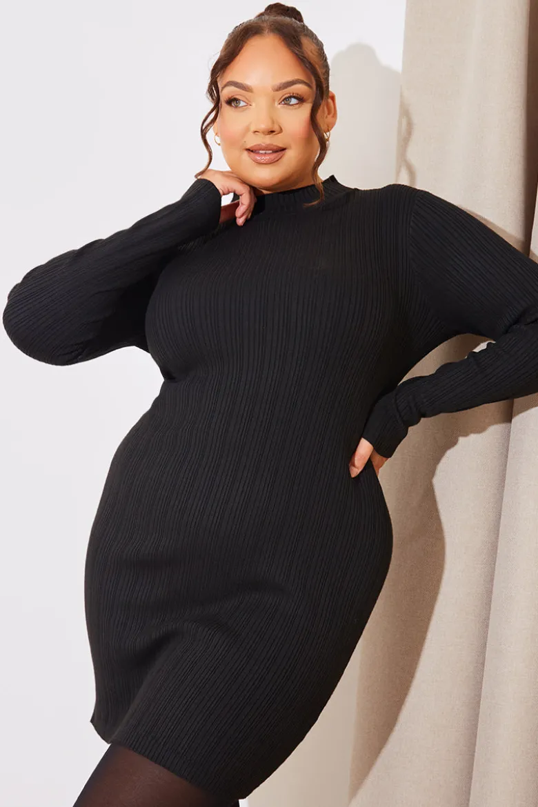 High Neck Variegated Rib Knit Mini Dress