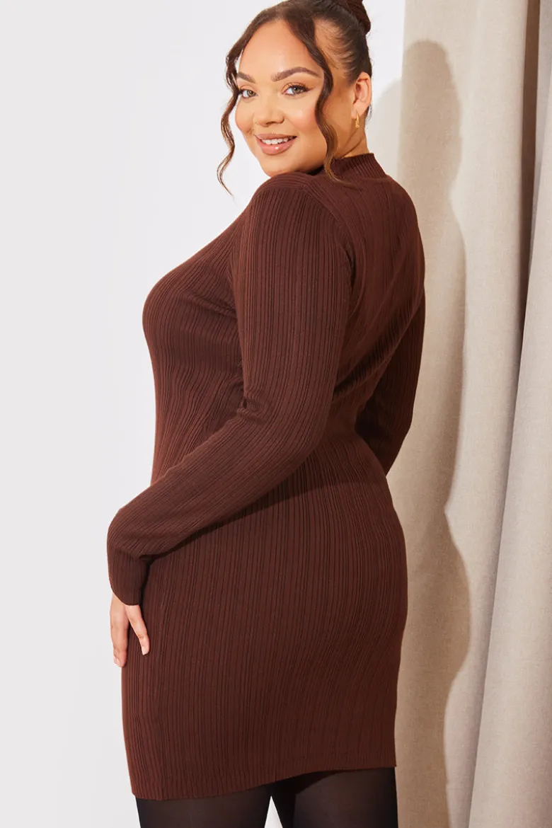 High Neck Variegated Rib Knit Mini Dress