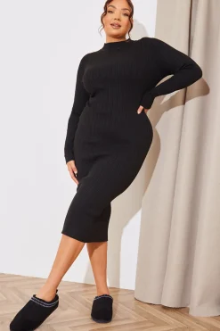 High Neck Variegated Rib Knit Midi Dress