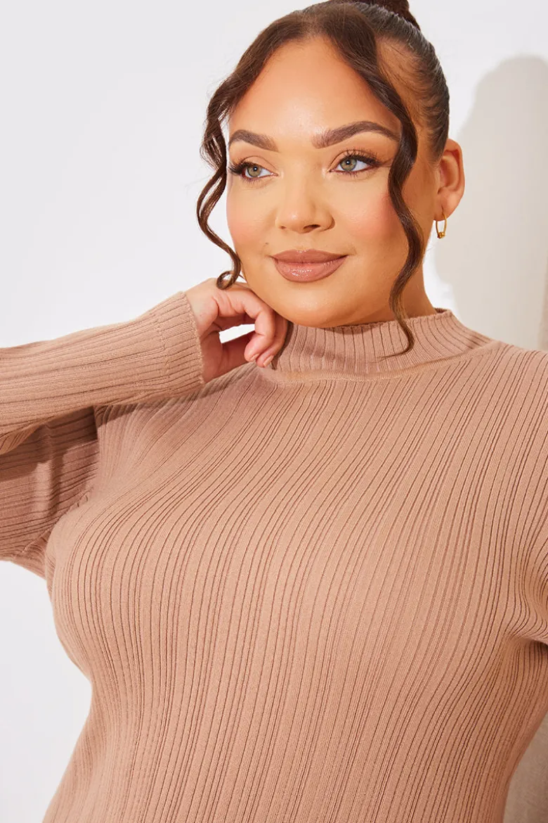High Neck Variegated Rib Knit Midi Dress