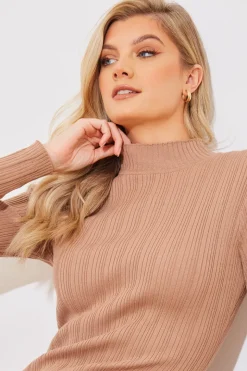 High Neck Variegated Rib Knit Midi Dress