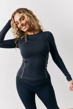 Indigo Blue Contrast Piping Long Sleeve Co-Ord Top