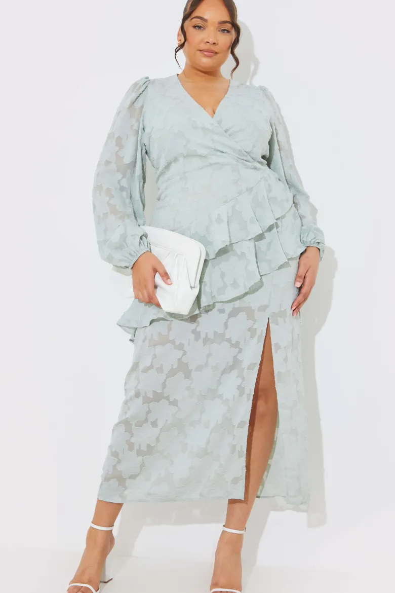 Jacquard Asymmetric Frill Wrap Midaxi Dress