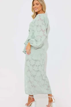 Jacquard Asymmetric Frill Wrap Midaxi Dress