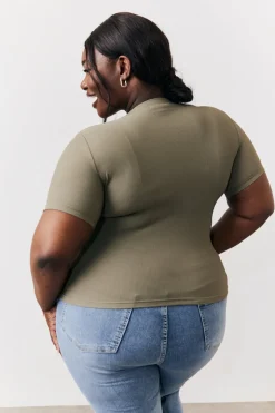 Khaki Ribbed Crew Neck Short Sleeve Top
