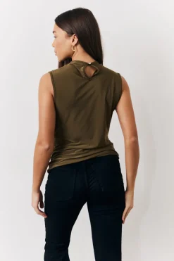 Khaki Slinky Cowl Front Sleeveless Top