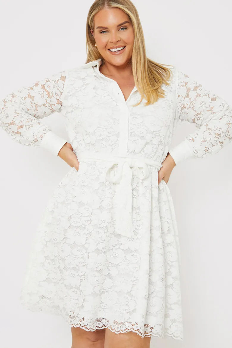Lace Belted Button Up Mini Shirt Dress