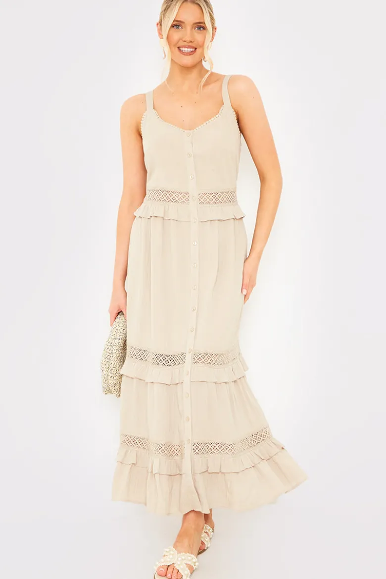 Lace Insert Frill Detail Midaxi Dress