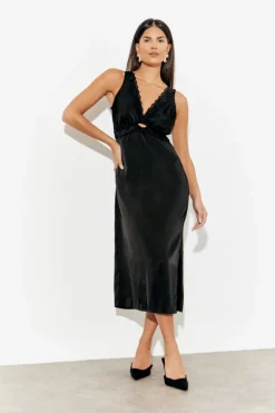 Lace Trim Satin Midi Dress