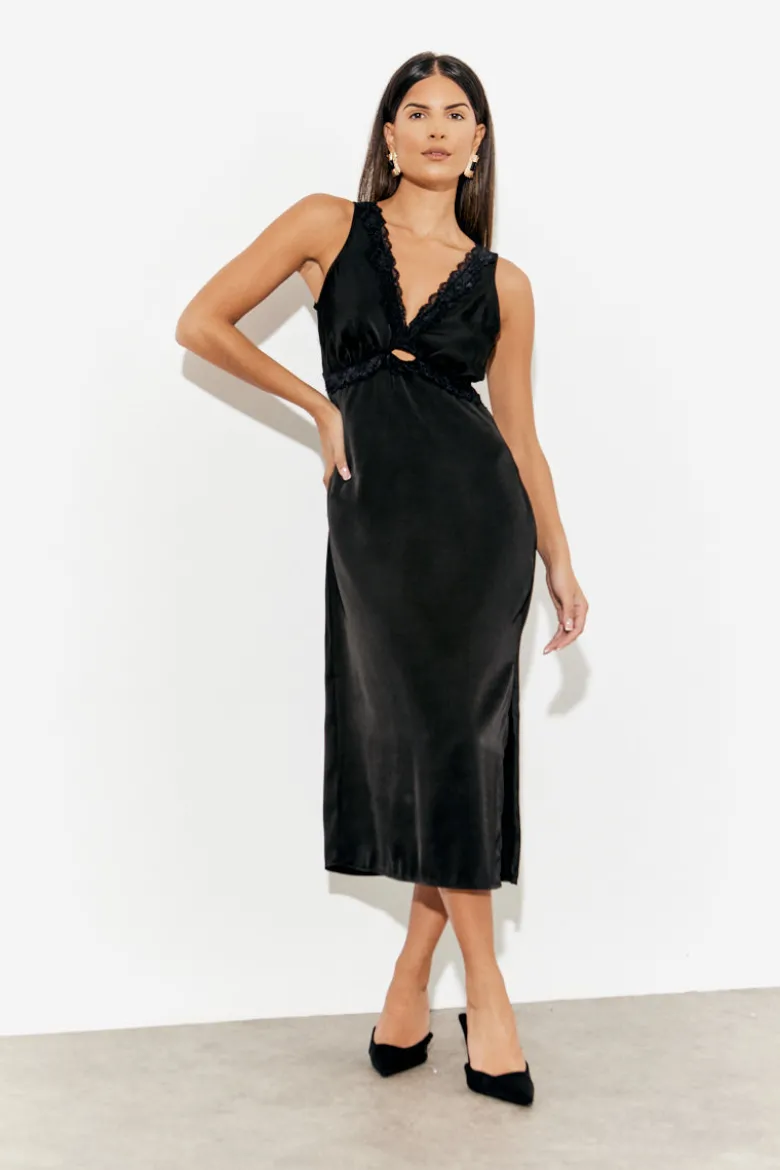 Lace Trim Satin Midi Dress