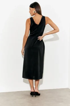 Lace Trim Satin Midi Dress