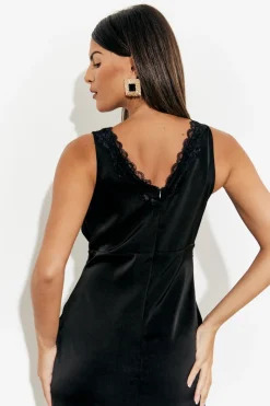 Lace Trim Satin Midi Dress