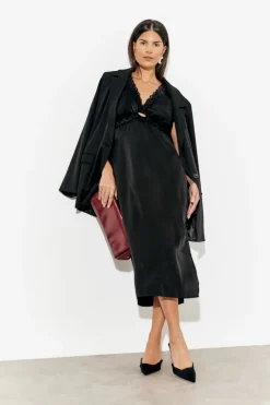 Lace Trim Satin Midi Dress