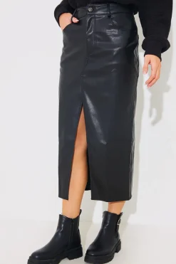 Leather Look Split Front Midi Skirt