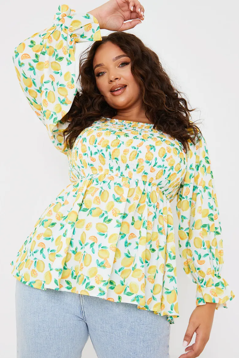 Lemon Print Bardot Puff Sleeve Top