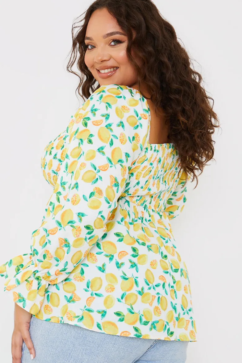 Lemon Print Bardot Puff Sleeve Top
