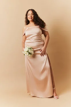 Light Gold Satin Bardot Ruched Maxi Dress