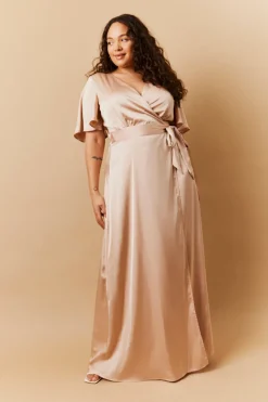 Light Gold Satin Wrap Tie Angel Sleeve Maxi Dress