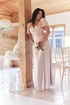 Light Gold Satin Wrap Tie Angel Sleeve Maxi Dress