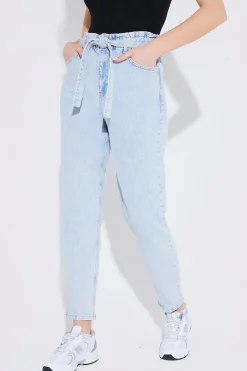 Light Wash Paperbag Tie Waist Jeans