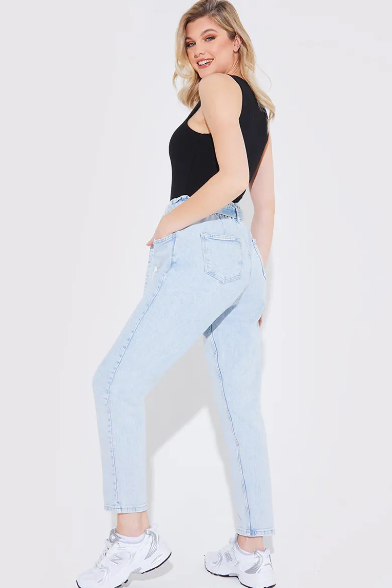 Light Wash Paperbag Tie Waist Jeans