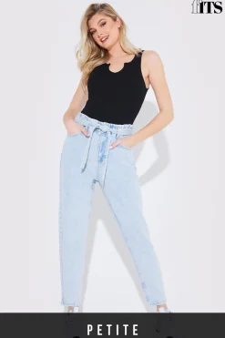 Light Wash Paperbag Tie Waist Jeans