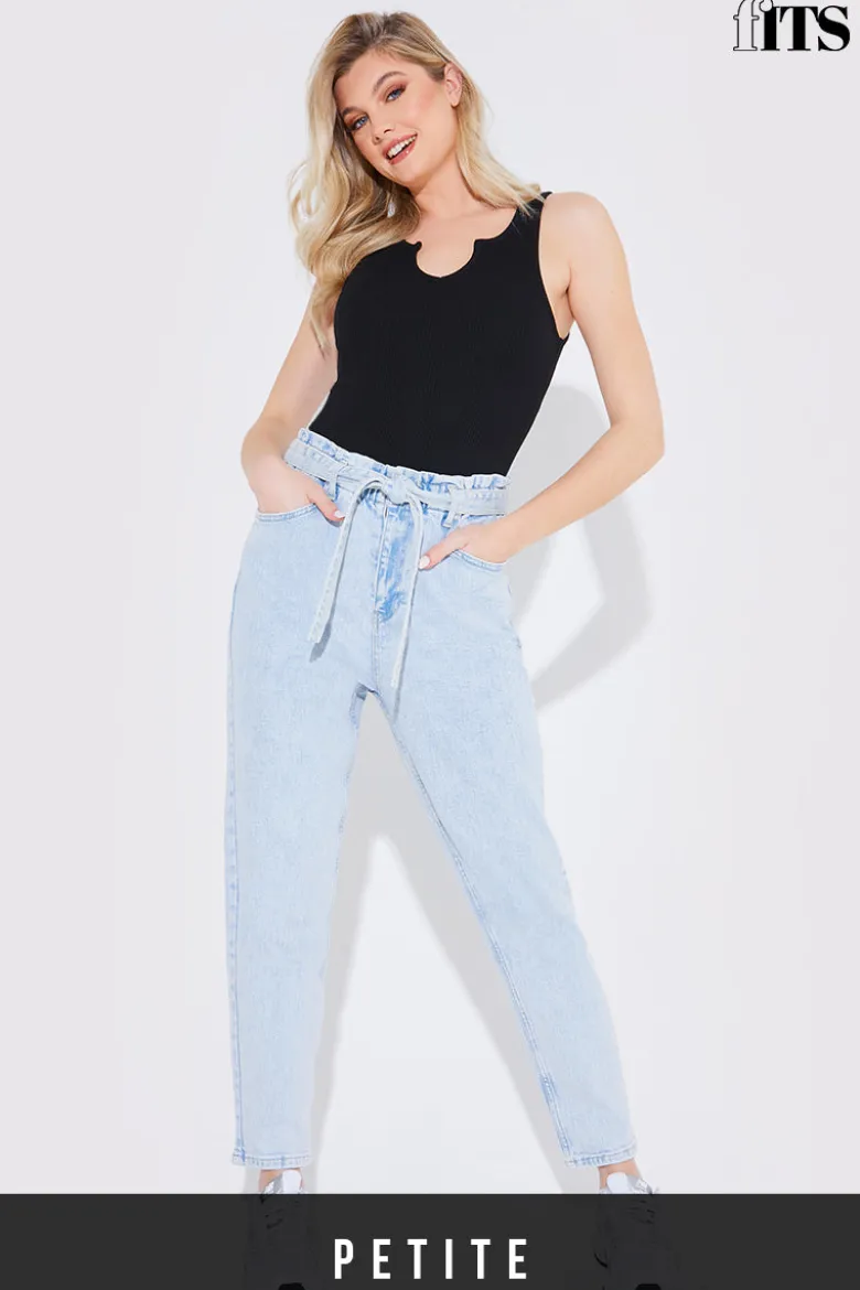 Light Wash Paperbag Tie Waist Jeans