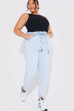 Light Wash Paperbag Tie Waist Jeans