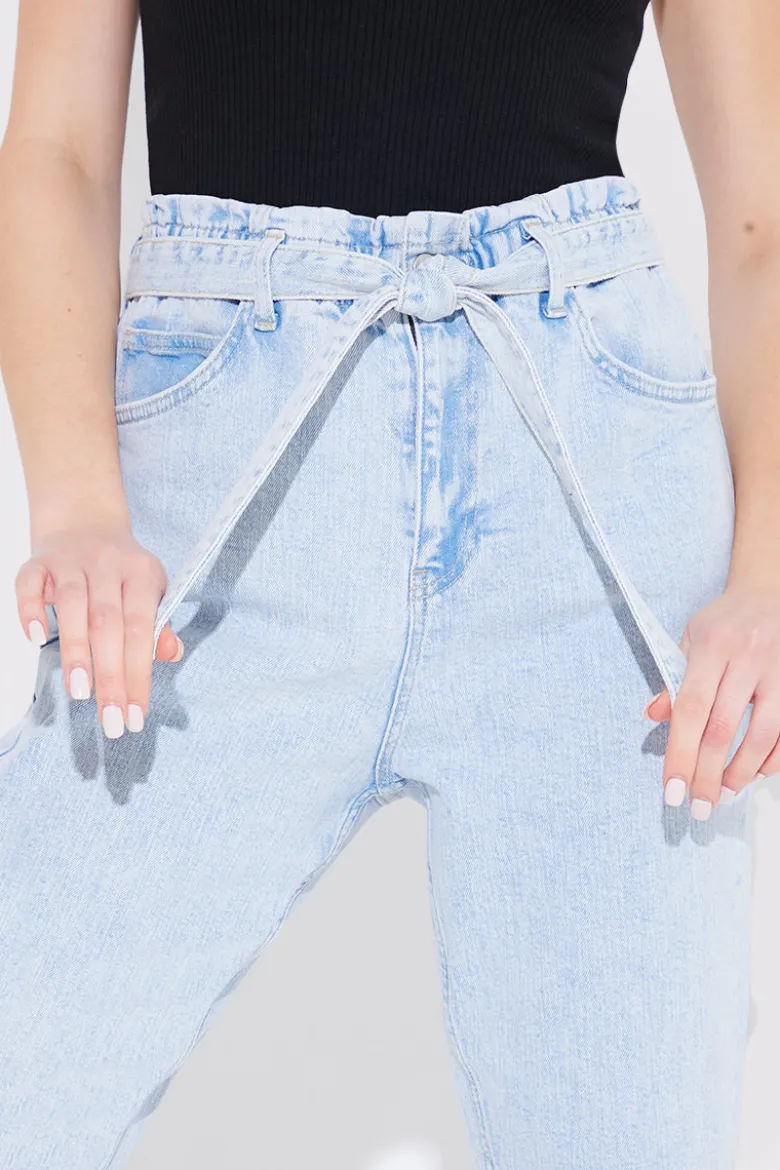 Light Wash Paperbag Tie Waist Jeans