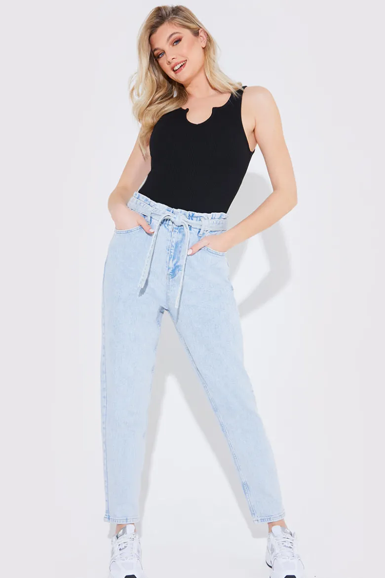 Light Wash Paperbag Tie Waist Jeans
