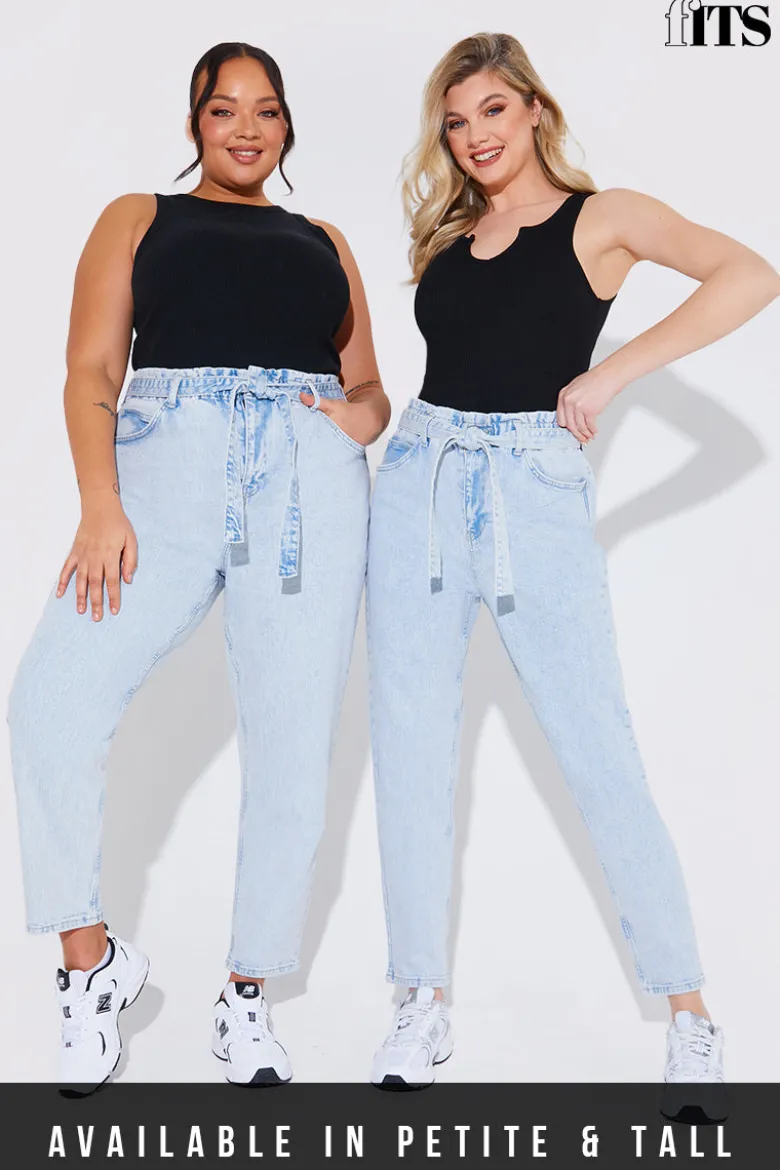 Light Wash Paperbag Tie Waist Jeans